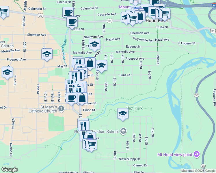 map of restaurants, bars, coffee shops, grocery stores, and more near 817 Pine Street in Hood River