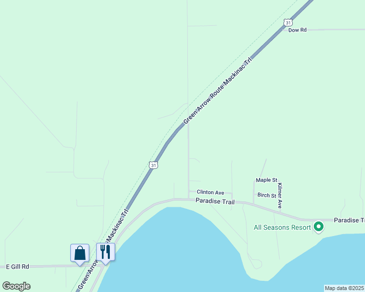 map of restaurants, bars, coffee shops, grocery stores, and more near 10475 Wheeling Road in Carp Lake