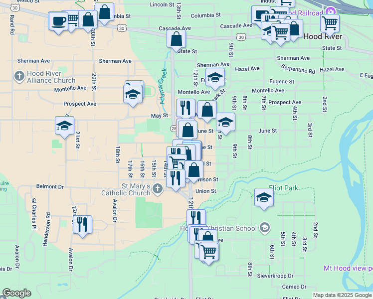 map of restaurants, bars, coffee shops, grocery stores, and more near 1110 1/2 12th Street in Hood River