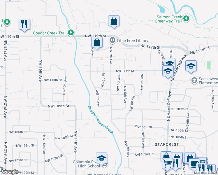 map of restaurants, bars, coffee shops, grocery stores, and more near 702 Northwest 111th Street in Vancouver