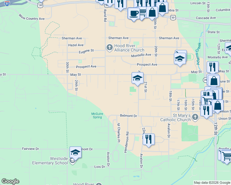 map of restaurants, bars, coffee shops, grocery stores, and more near 2504 Taylor Avenue in Hood River