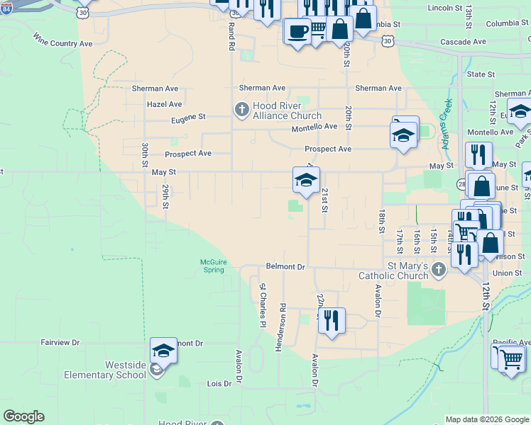 map of restaurants, bars, coffee shops, grocery stores, and more near 2504 Taylor Avenue in Hood River