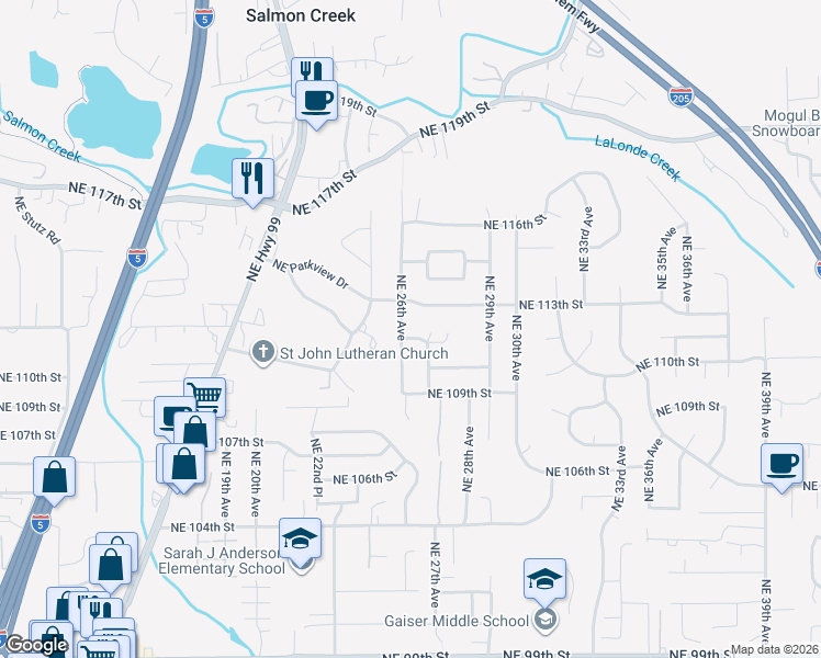 map of restaurants, bars, coffee shops, grocery stores, and more near 2608 Northeast 111th Street in Vancouver