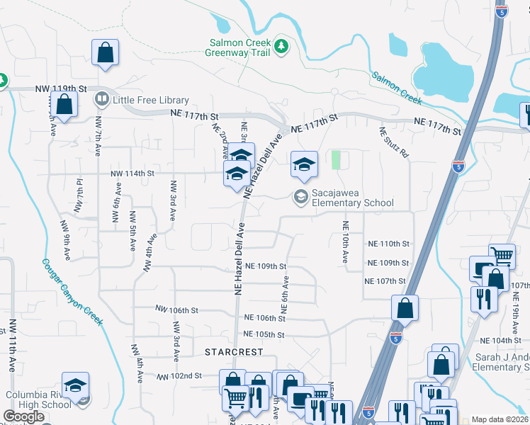 map of restaurants, bars, coffee shops, grocery stores, and more near 410 Northeast 112th Circle in Vancouver