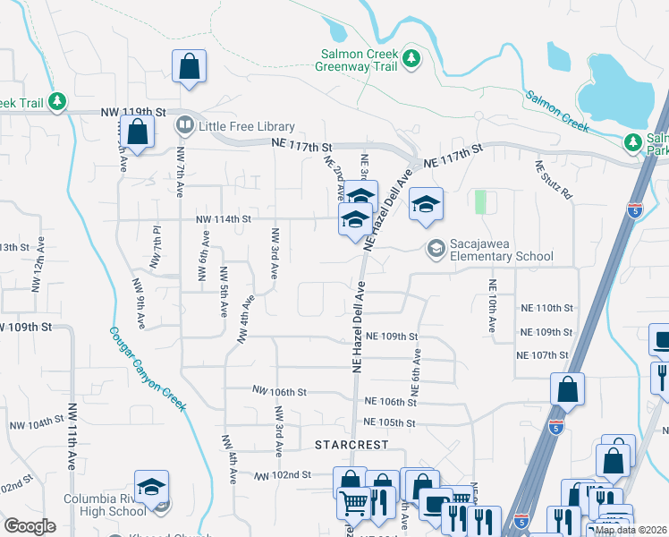 map of restaurants, bars, coffee shops, grocery stores, and more near 107 Northeast 112th Street in Vancouver