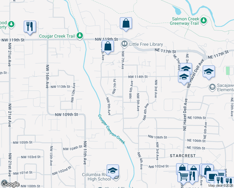 map of restaurants, bars, coffee shops, grocery stores, and more near 702 Northwest 111th Street in Vancouver