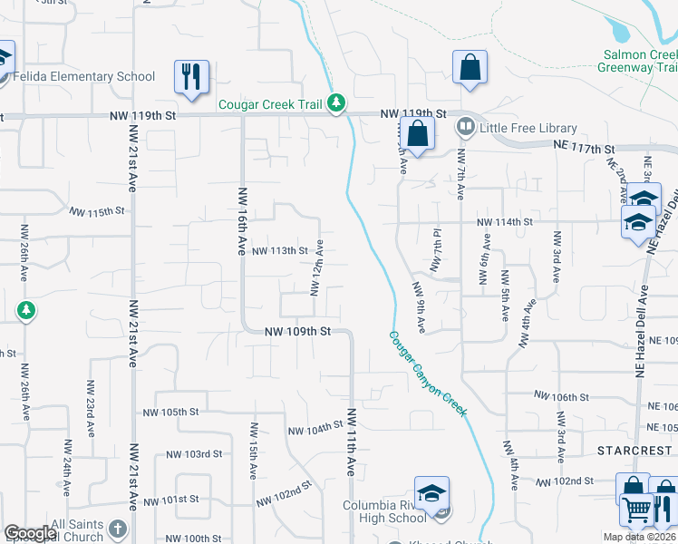 map of restaurants, bars, coffee shops, grocery stores, and more near 1117 Northwest 112th Street in Vancouver