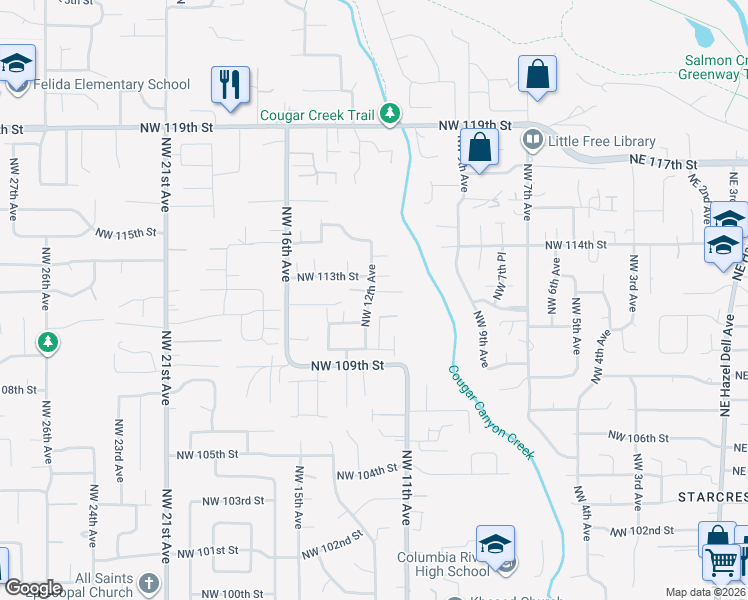 map of restaurants, bars, coffee shops, grocery stores, and more near 1117 Northwest 112th Street in Vancouver