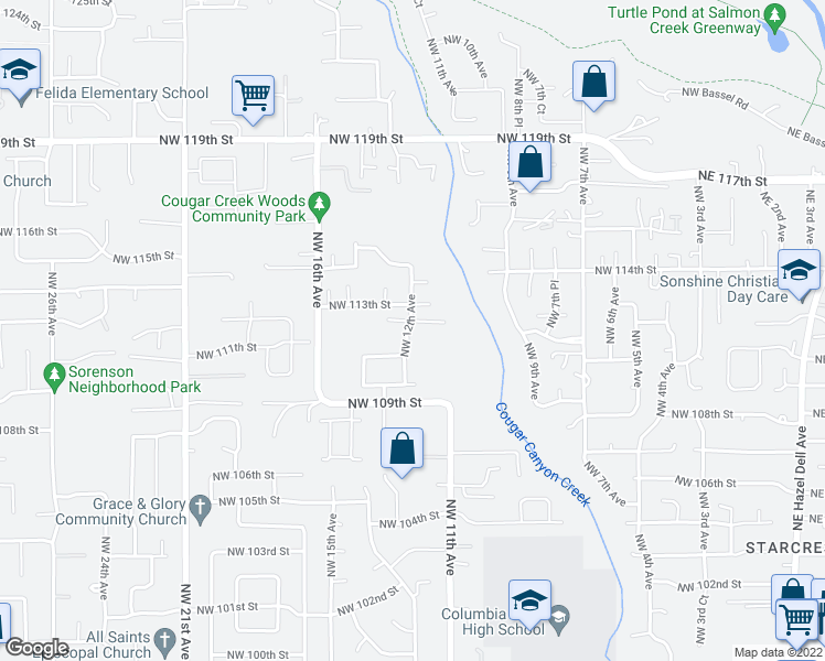 map of restaurants, bars, coffee shops, grocery stores, and more near 1117 Northwest 112th Street in Vancouver