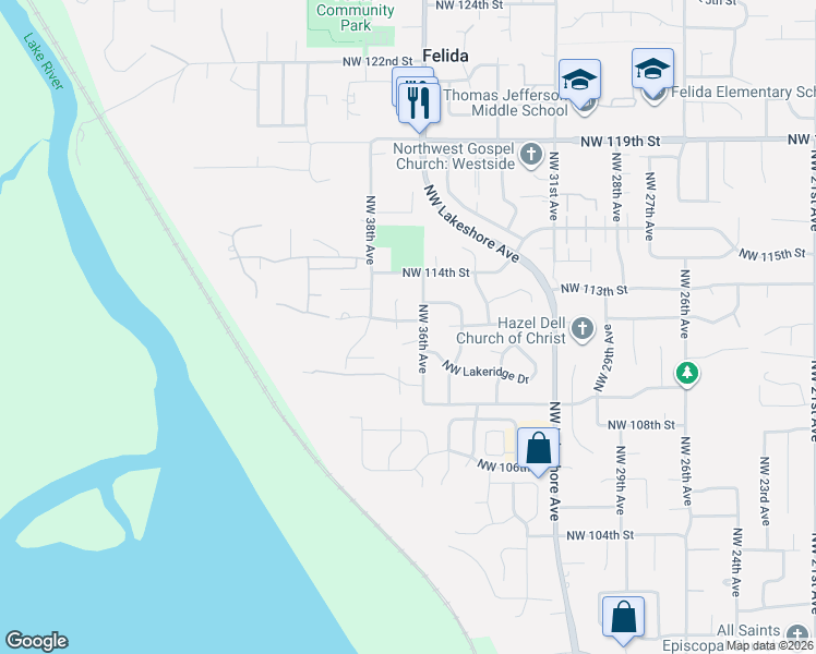 map of restaurants, bars, coffee shops, grocery stores, and more near 3617 Northwest 112th Street in Vancouver