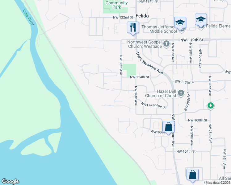 map of restaurants, bars, coffee shops, grocery stores, and more near 11110 Northwest 38th Avenue in Vancouver