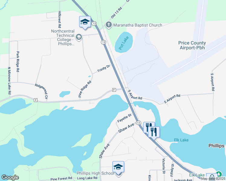 map of restaurants, bars, coffee shops, grocery stores, and more near 125 County Road F in Phillips