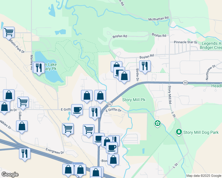 map of restaurants, bars, coffee shops, grocery stores, and more near 105 Bridger Center Drive in Bozeman