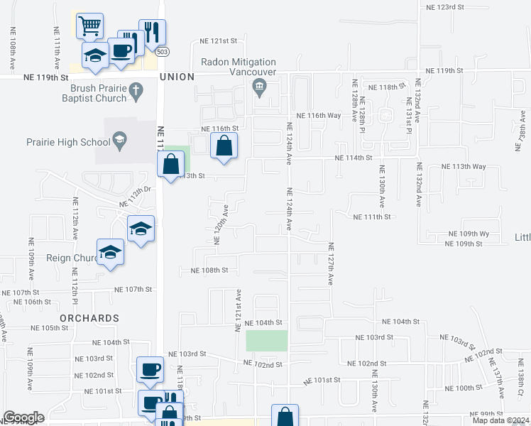 map of restaurants, bars, coffee shops, grocery stores, and more near 11618 Northeast 111th Circle in Vancouver