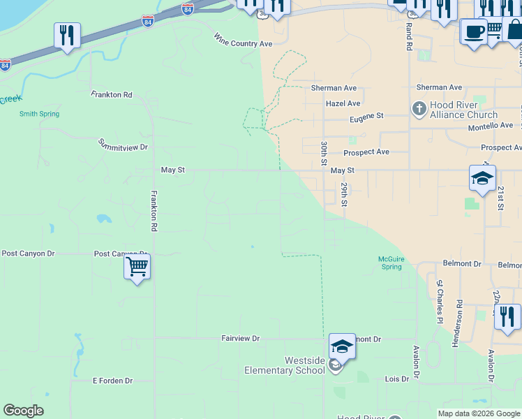 map of restaurants, bars, coffee shops, grocery stores, and more near 1116 Rock Creek Road in Hood River