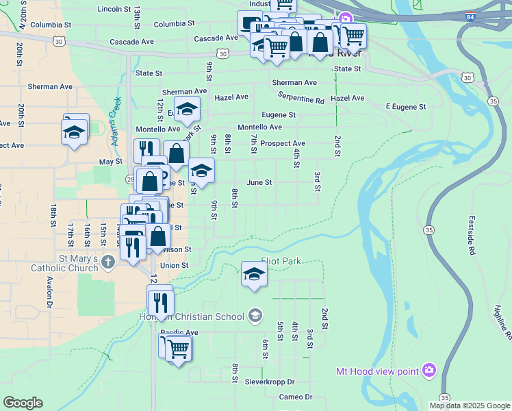 map of restaurants, bars, coffee shops, grocery stores, and more near 7th Street in Hood River