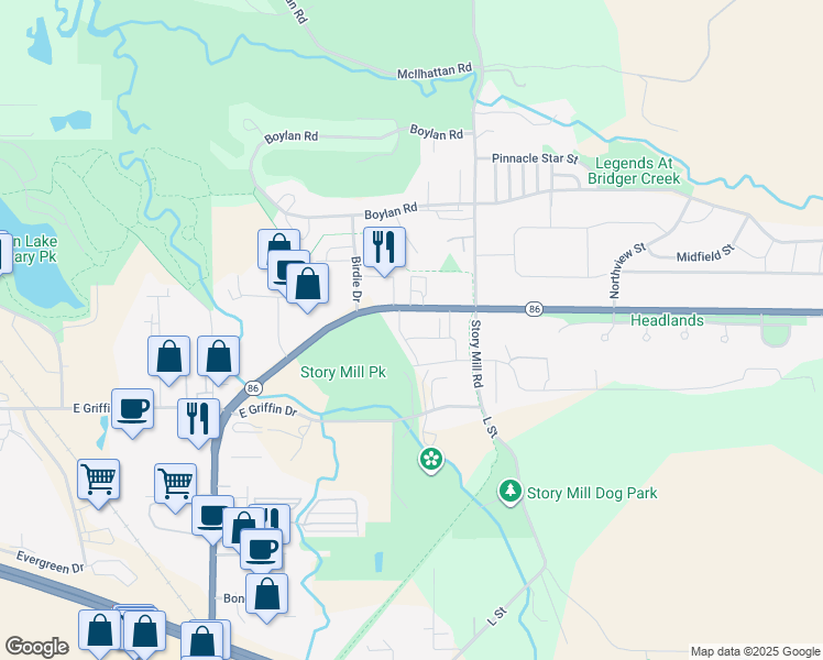 map of restaurants, bars, coffee shops, grocery stores, and more near 2326 Blue Silos Way in Bozeman