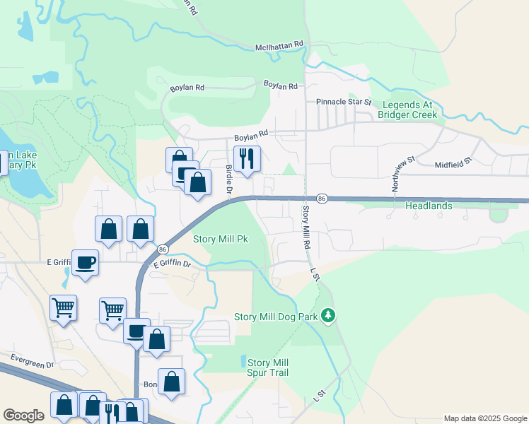 map of restaurants, bars, coffee shops, grocery stores, and more near 2326 Blue Silos Way in Bozeman