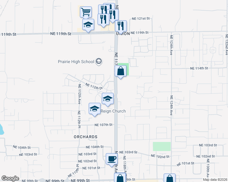 map of restaurants, bars, coffee shops, grocery stores, and more near 11627 Northeast 111th Circle in Vancouver