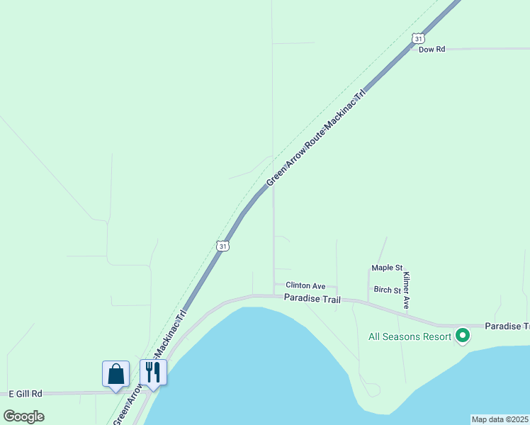 map of restaurants, bars, coffee shops, grocery stores, and more near 10475 Wheeling Road in Carp Lake