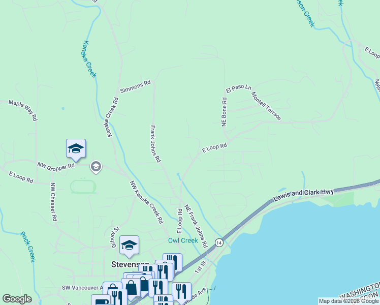 map of restaurants, bars, coffee shops, grocery stores, and more near 22 Northwest Lucas Street in Stevenson