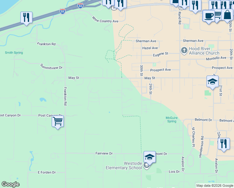 map of restaurants, bars, coffee shops, grocery stores, and more near 610 Rocky Road in Hood River