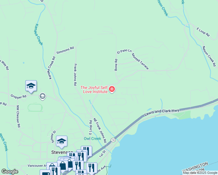 map of restaurants, bars, coffee shops, grocery stores, and more near 6681 East Loop Road in Stevenson