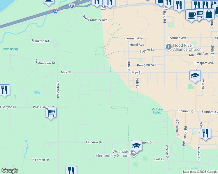 map of restaurants, bars, coffee shops, grocery stores, and more near 585 Rocky Road in Hood River