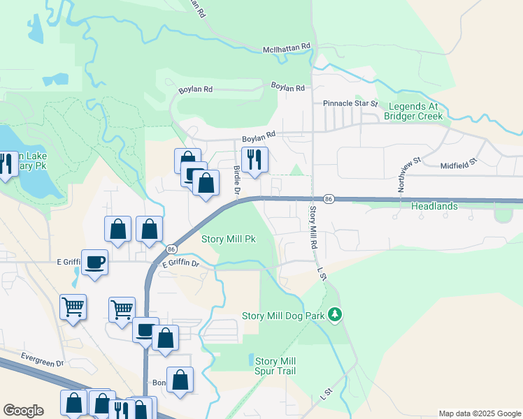 map of restaurants, bars, coffee shops, grocery stores, and more near 2405 Blue Silos Way in Bozeman