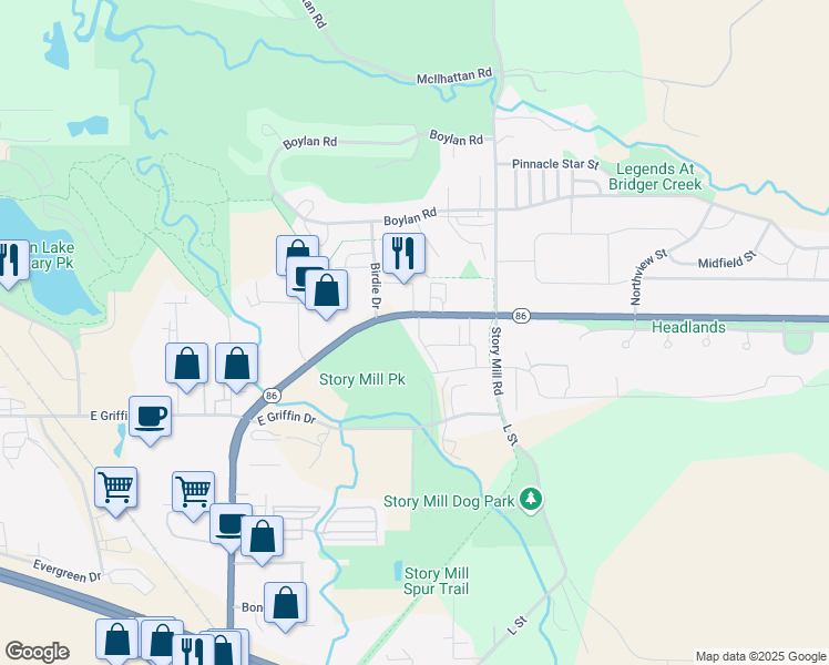 map of restaurants, bars, coffee shops, grocery stores, and more near 2405 Blue Silos Way in Bozeman
