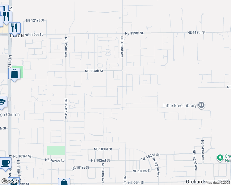 map of restaurants, bars, coffee shops, grocery stores, and more near 11112 Northeast 131st Avenue in Orchards