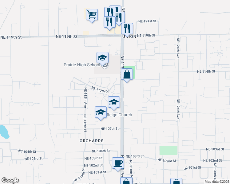 map of restaurants, bars, coffee shops, grocery stores, and more near 11105 Northeast 115th Court in Vancouver