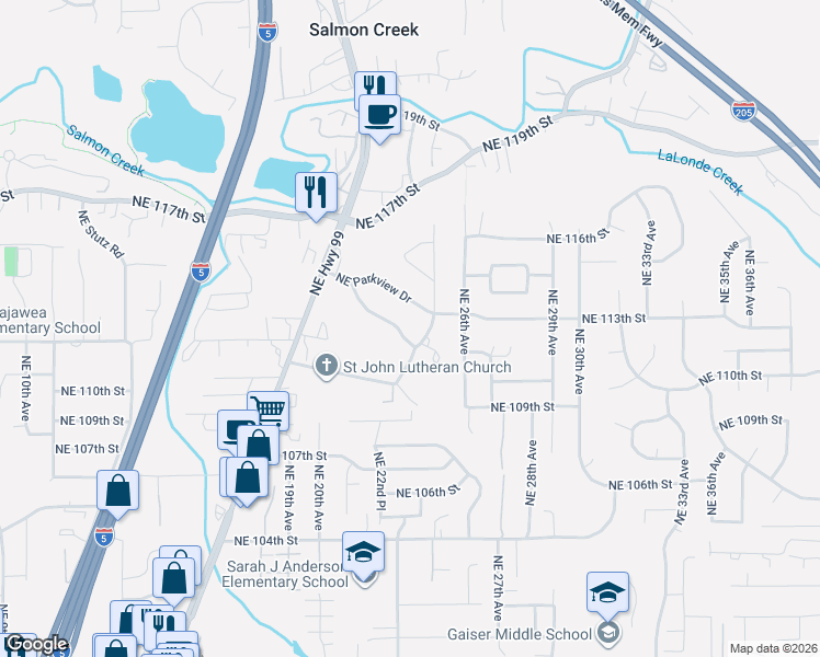 map of restaurants, bars, coffee shops, grocery stores, and more near 2321 Northeast Brookview Drive in Vancouver