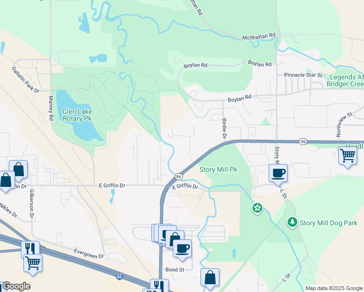map of restaurants, bars, coffee shops, grocery stores, and more near 105 Bridger Center Dr in Bozeman