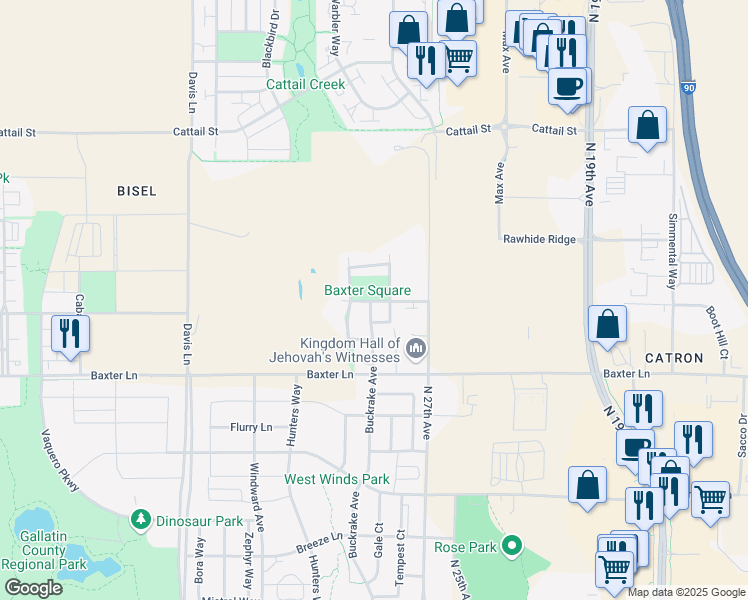 map of restaurants, bars, coffee shops, grocery stores, and more near 2781 Renee Way in Bozeman