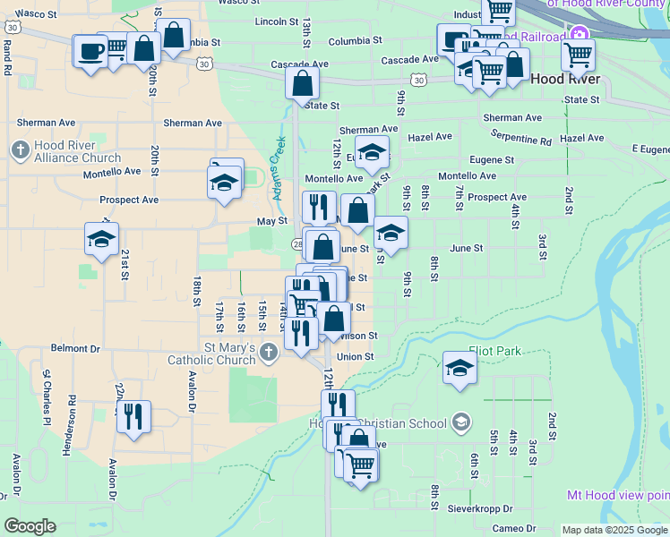 map of restaurants, bars, coffee shops, grocery stores, and more near 1110 1/2 12th Street in Hood River