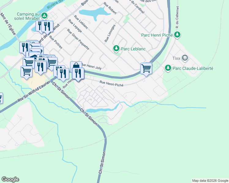 map of restaurants, bars, coffee shops, grocery stores, and more near 13684 Rue du Grenache in Mirabel