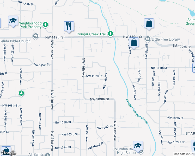 map of restaurants, bars, coffee shops, grocery stores, and more near 1309 Northwest 113th Street in Vancouver