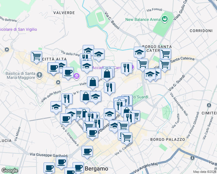 map of restaurants, bars, coffee shops, grocery stores, and more near 98 Vicolo Pelabrocco in Bergamo