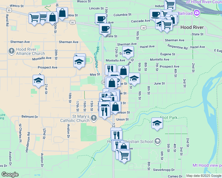 map of restaurants, bars, coffee shops, grocery stores, and more near 1110 1/2 12th Street in Hood River