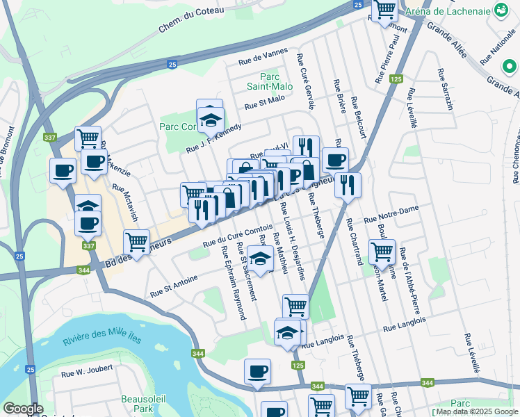 map of restaurants, bars, coffee shops, grocery stores, and more near 708 Boulevard des Seigneurs in Terrebonne