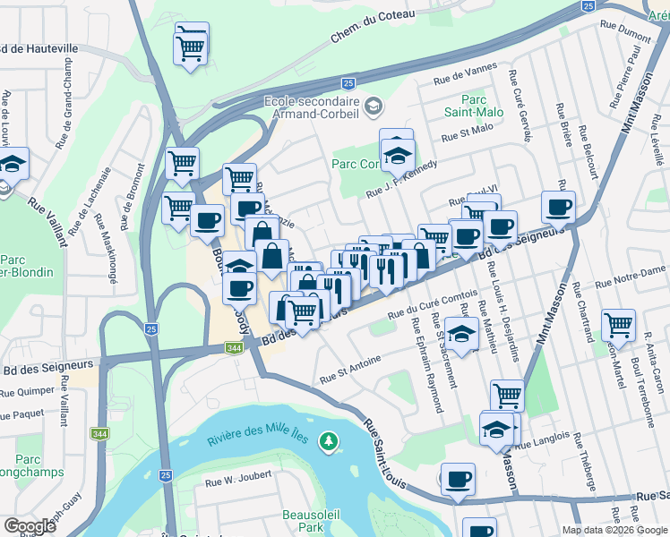 map of restaurants, bars, coffee shops, grocery stores, and more near 1094 Rue Jean-Jacques-Lauzon in Terrebonne