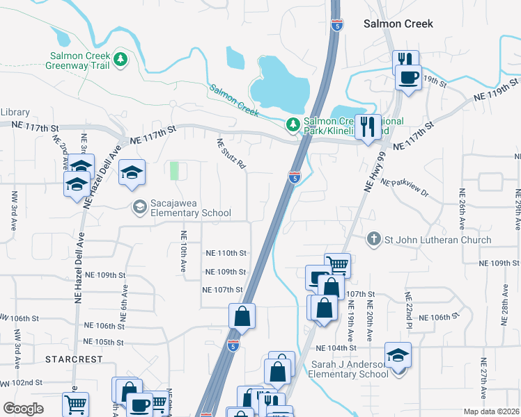 map of restaurants, bars, coffee shops, grocery stores, and more near 11216 Northeast 14th Court in Vancouver