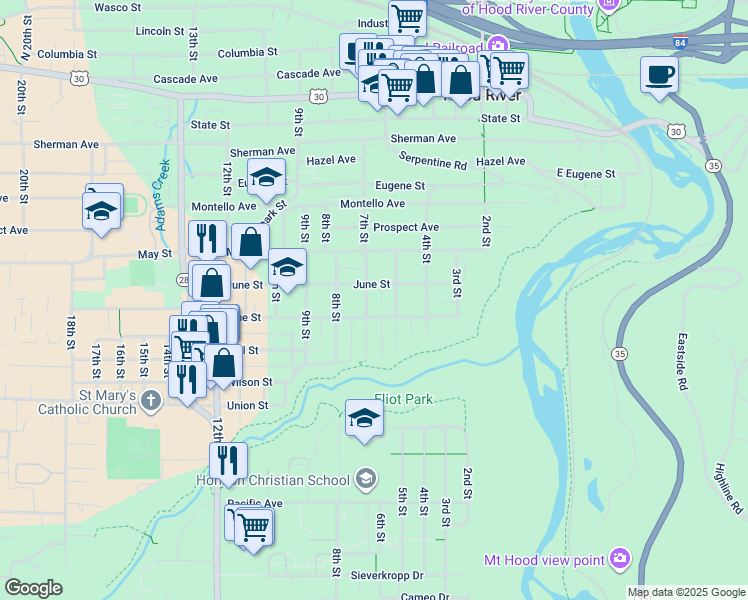 map of restaurants, bars, coffee shops, grocery stores, and more near 509 Pine Street in Hood River