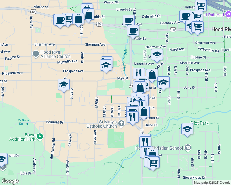 map of restaurants, bars, coffee shops, grocery stores, and more near 1506 C Street in Hood River