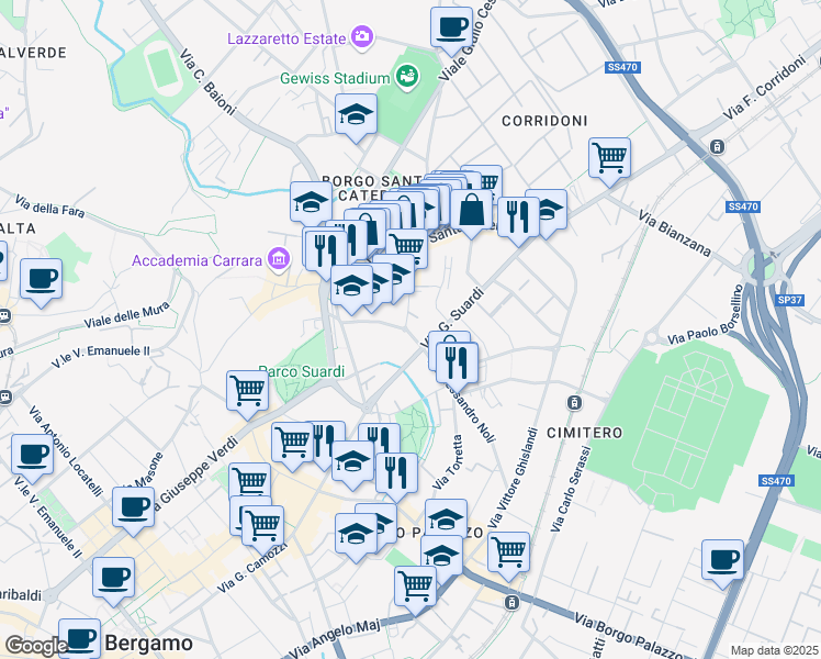 map of restaurants, bars, coffee shops, grocery stores, and more near 1-7 Via Gianforte Suardi in Bergamo