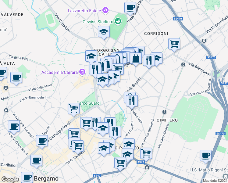 map of restaurants, bars, coffee shops, grocery stores, and more near 7 Via G. Suardi in Bergamo