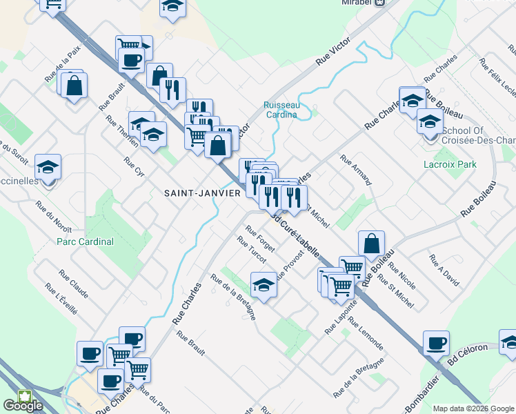 map of restaurants, bars, coffee shops, grocery stores, and more near 13664 Boulevard du Curé-Labelle in Mirabel