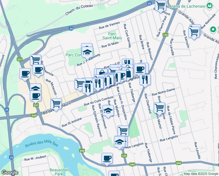 map of restaurants, bars, coffee shops, grocery stores, and more near 708 Boulevard des Seigneurs in Terrebonne