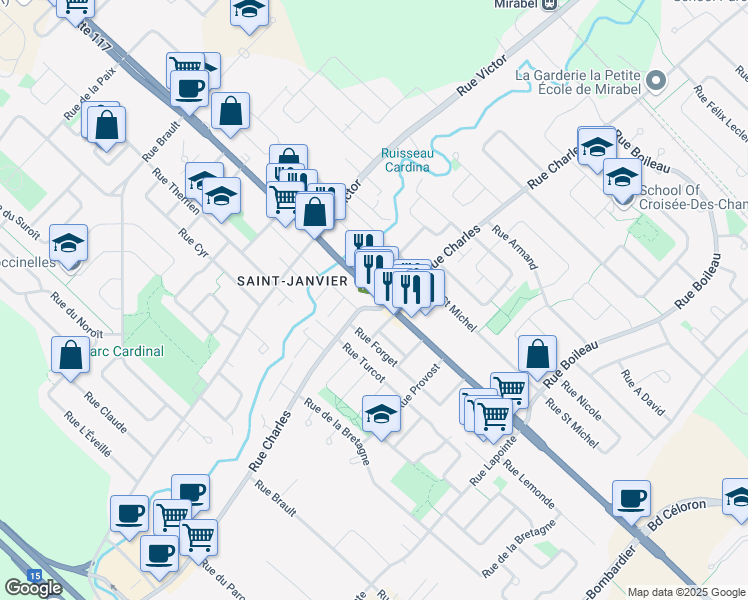 map of restaurants, bars, coffee shops, grocery stores, and more near 13664 Boulevard du Curé-Labelle in Mirabel